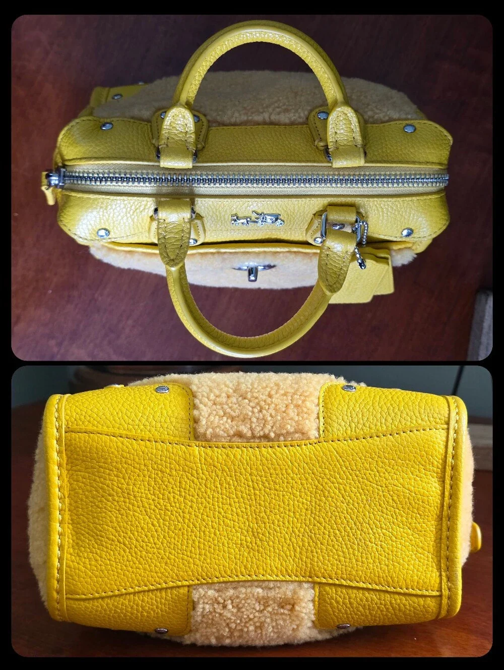 Coach Rhyder 18 36478 Banana Yellow Pebbled Leather Shearling Satchel Bag